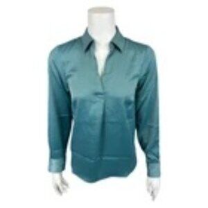 Candace Cameron Bure Silky Y-Neck Collared Shirt Trellis Blue M